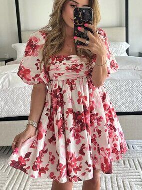 Abercrombie & Fitch Emerson Puff Sleeve Ruched Mini Dress  Red Floral Size XL